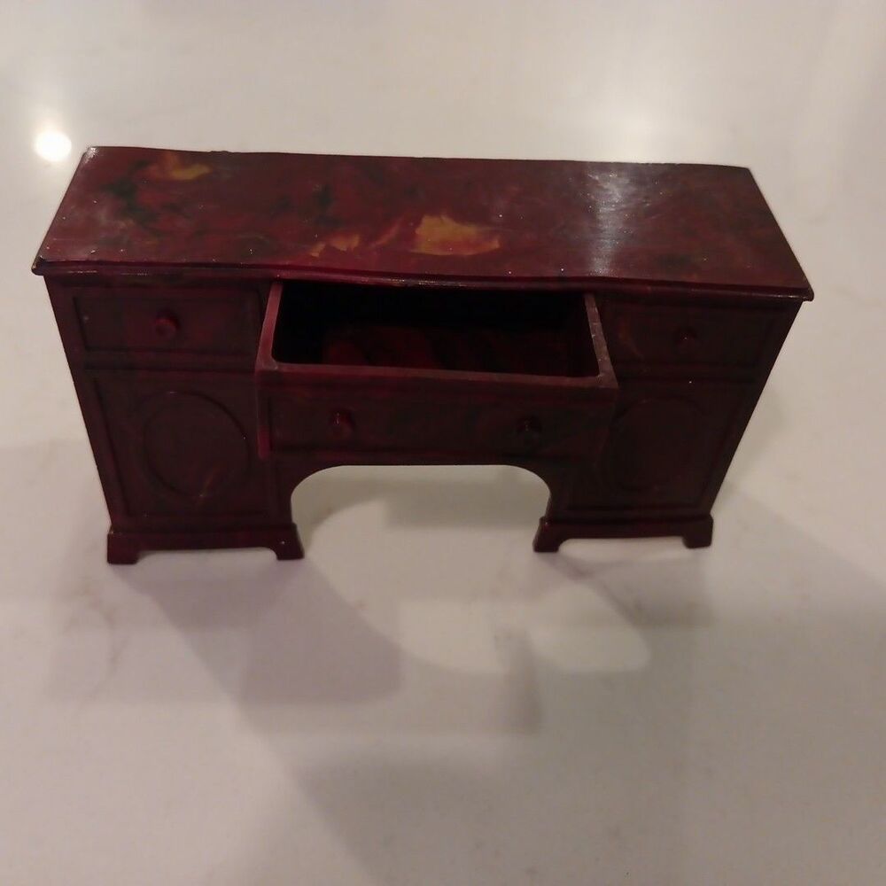 Vintage Renwal Dollhouse Furniture Desk / Cabinet Brown Red Marbled Drawer Opens
